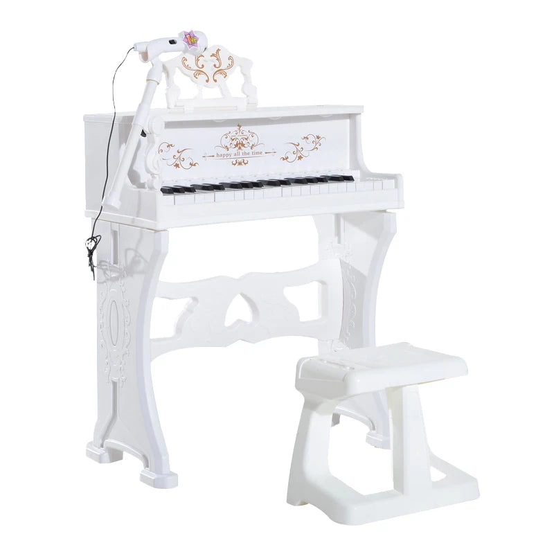 Kids Mini Piano Keyboard Set - Light-Up Electronic Grand Piano Toy with Stool, Microphone & Music Stand - Educational Musical Instrument (White)