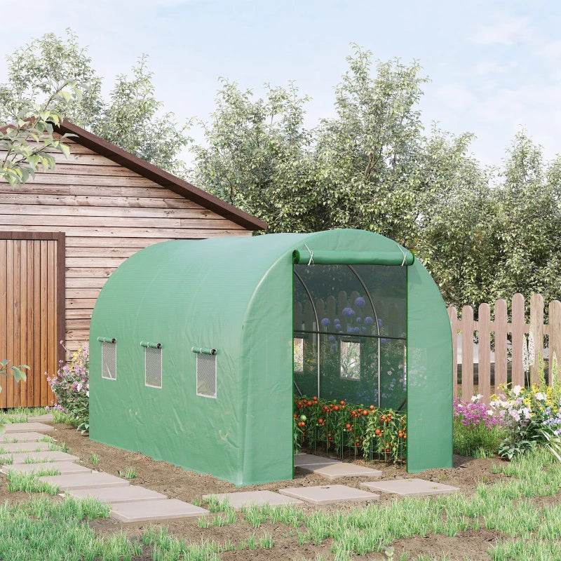 Green Walk-In Polytunnel Greenhouse, Steel Frame, PE Cover, Roll-Up Door, 6 Windows