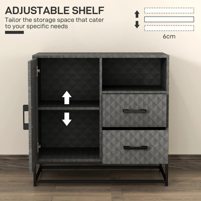 Modern Grey Sideboard Storage Cabinet with Adjustable Shelf, Open Compartment & 2 Drawers - Freestanding Furniture for Living Room