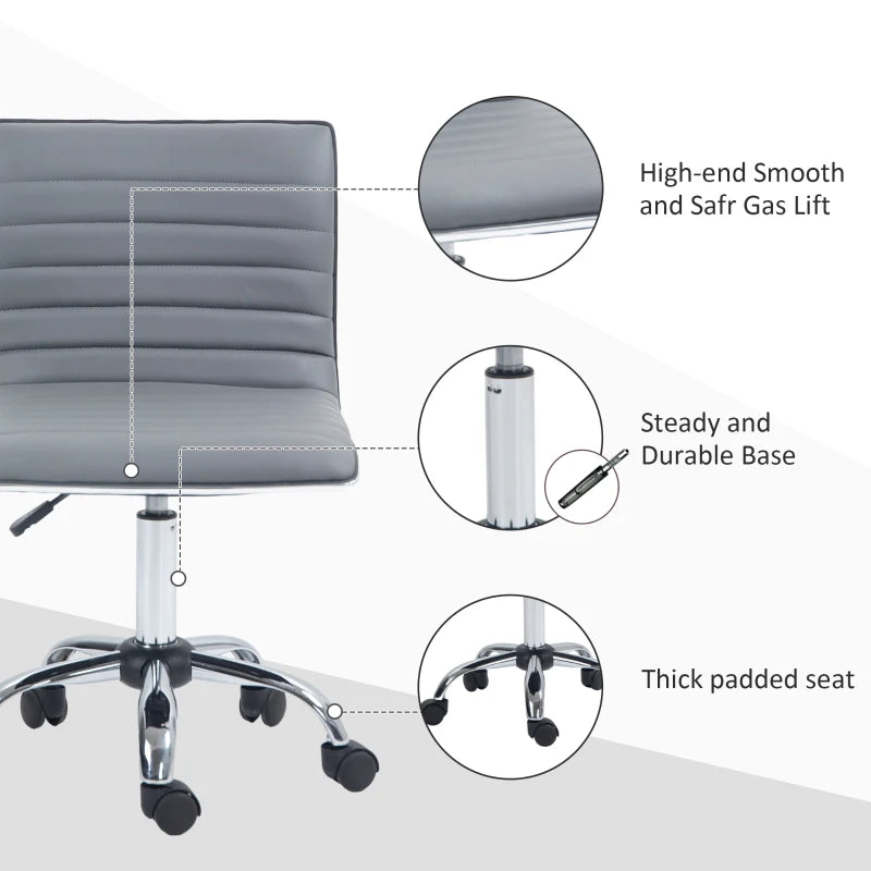 Light Grey Armless Task Desk Chair - Swivel Faux Leather Office Chair with Adjustable Height & Chrome Base for Home