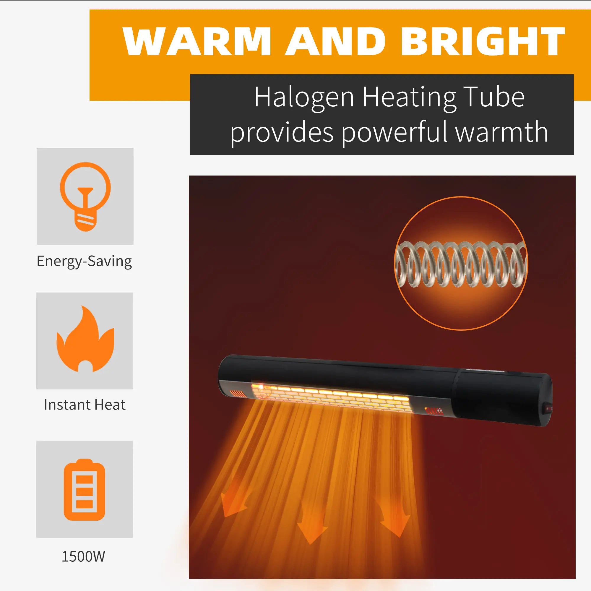 Wall Mounted Patio Heater - 1500W Electric Infrared Halogen Heater with Remote Control, Black