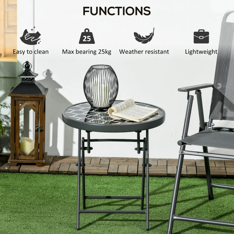 45cm Round Garden Side Table - Outdoor Folding Patio Table with Imitation Marble Glass Top - Black & White Coffee Table