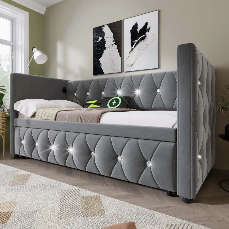 Elegant Velvet Upholstered Daybed with USB & Type C Ports, Pull-Out Trundle, Grey Sofa Bed for Bedroom, 203x101-194x76 cm