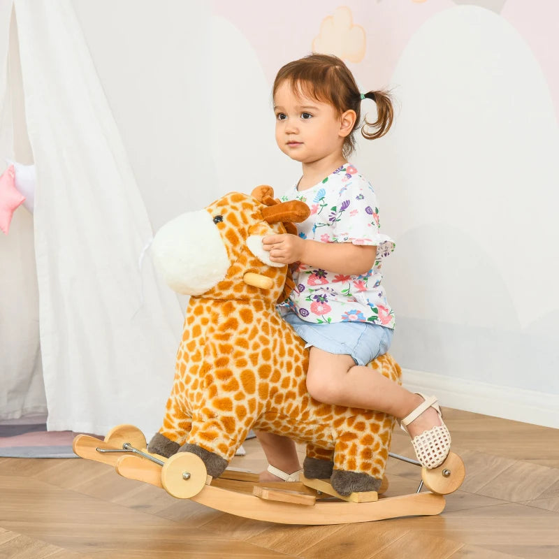 2-in-1 Kids Plush Rocking Horse Giraffe Ride-On with Wheels & Sounds - Wooden Base for Ages 3-6