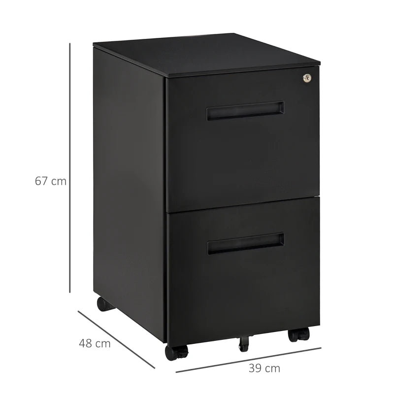 Vinsetto Lockable Metal Mobile File Cabinet with Wheels - 2 Drawer Compact Under Desk Storage for A4 & Legal Files, Black