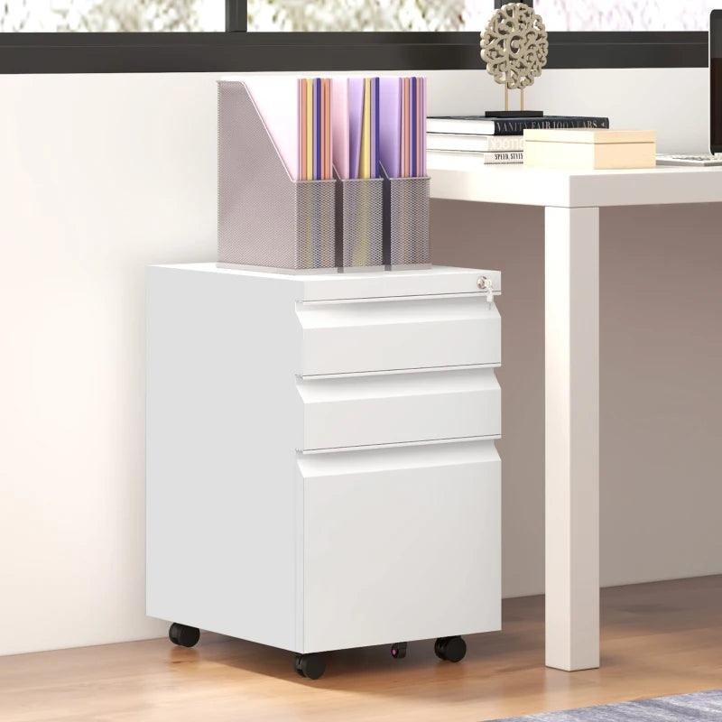 Vinsetto Mobile 3-Drawer Filing Cabinet with Lock - Steel Under Desk Storage for A4, Legal & Letter Size - White