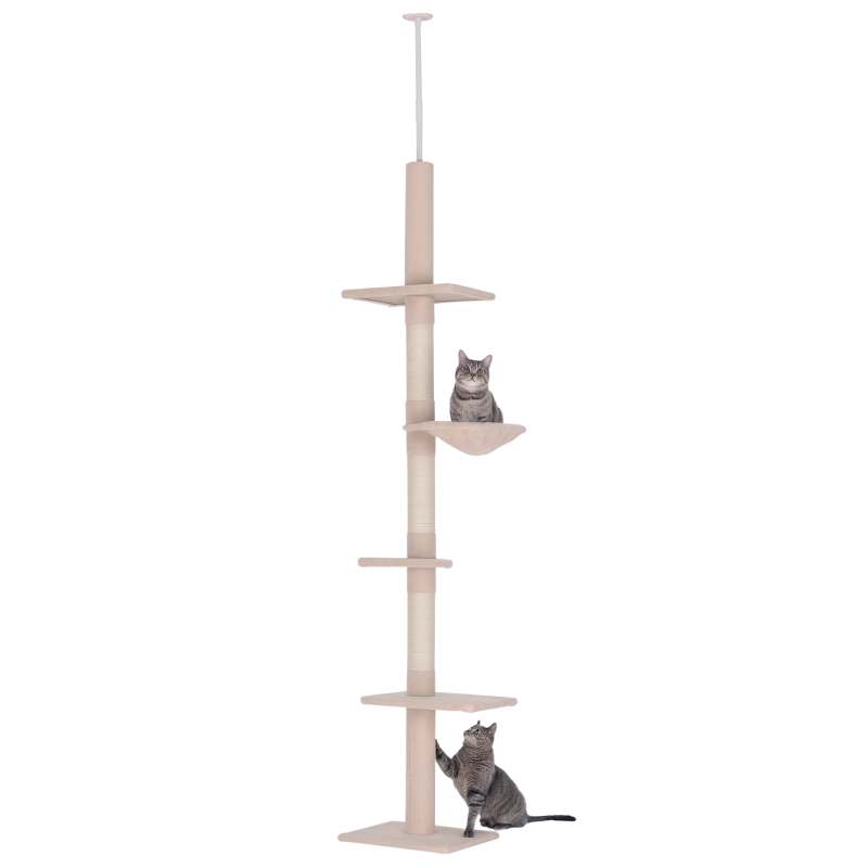 Adjustable 5-Tier Floor to Ceiling Cat Tree 230-260cm - Scratching Post, Hammock & Perches for Indoor Kittens - Beige