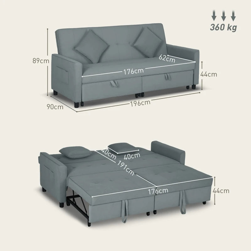 Three-Person Grey Velvet-Feel Sofa Bed for Stylish Living Room Comfort