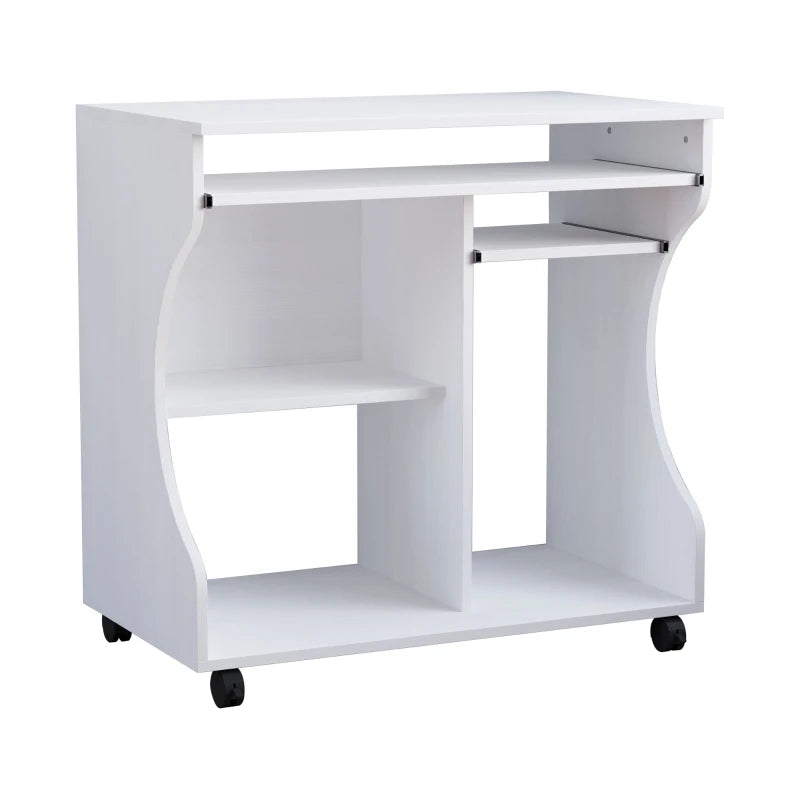 Multi-Storage Compact Work Desk on Wheels - Modern White Home Office Furniture for Small Spaces