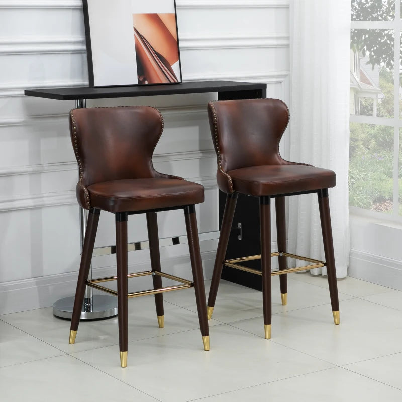 Set of 2 Brown PU Leather Bar Stools with Back and Footrest, Stylish Wood Legs for Kitchen and Breakfast Bar
