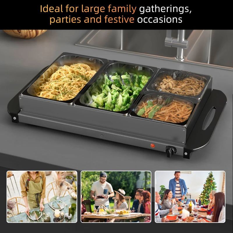 4 Tray Electric Food Warmer Buffet Server - Adjustable Temperature, 300W, Cool Touch Handles, 2 x 2.4L & 2 x 1L Pans