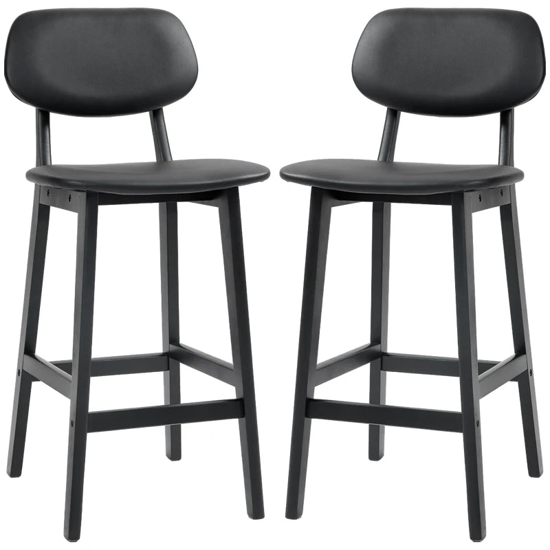Set of 2 Classic Black Wooden Bar Stools with Faux Leather Seats - Stylish & Durable Design for Home or Bar