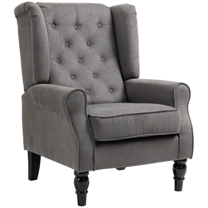 Stylish Retro Linen Wingback Armchair with Button Tufting and Wooden Frame for Living Room or Bedroom, Dark Grey