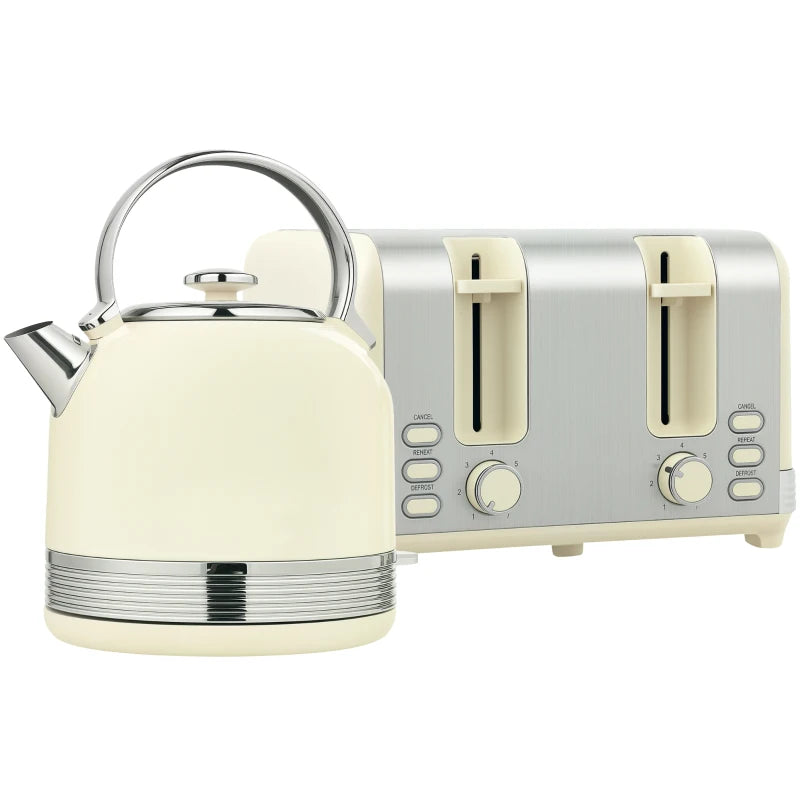 Polished Stainless Steel Cream Kettle and Toaster Set - Stylish Kitchen Appliances for Modern Homes