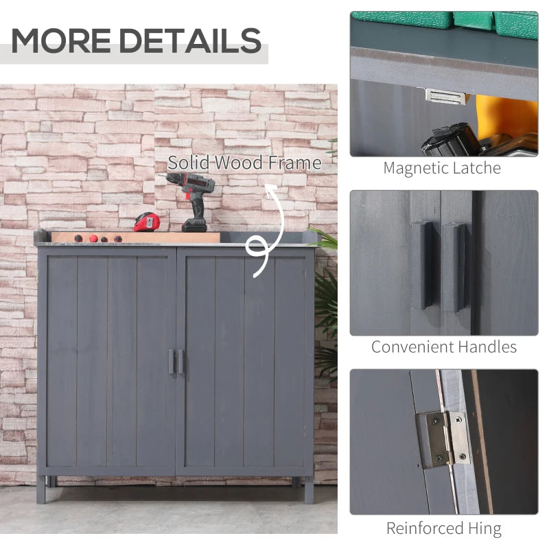 Grey Outdoor Garden Storage Cabinet with Galvanized Top and Shelves