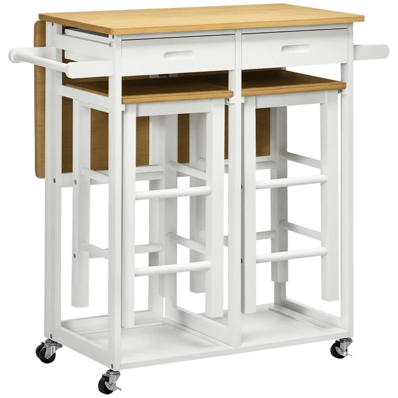 Bamboo Kitchen Island Set with 2 Stools, Rolling Breakfast Cart, Drop Leaf Top, Drawers & Towel Rack - White
