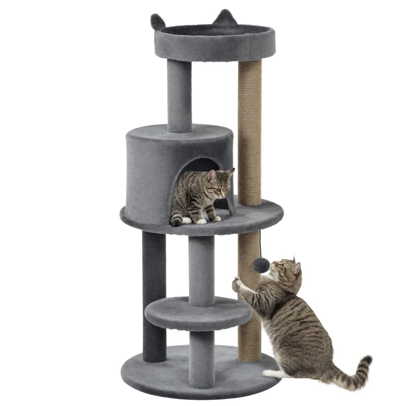 104 cm Grey Cat Tree Condo Tower - Activity Centre with Scratching Posts, Plush Perch & Hanging Ball for Cats