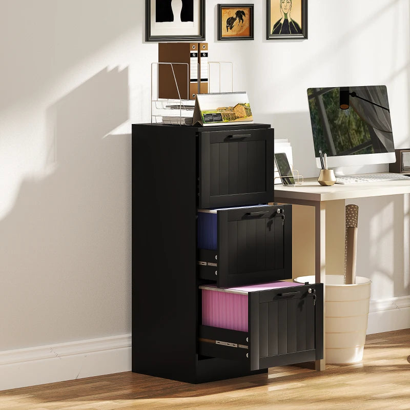 Secure 3 Drawer Filing Cabinet with Lock - Adjustable Hanging Bars for A4 Files - Stylish Black Office Storage Solution