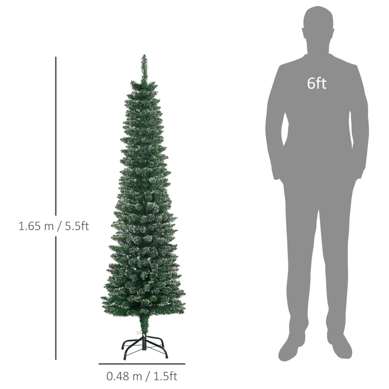 5.5FT Snow Dipped Christmas Pencil Tree - Foldable Black Stand, Green Holiday Indoor Decoration for Festive Home Decor