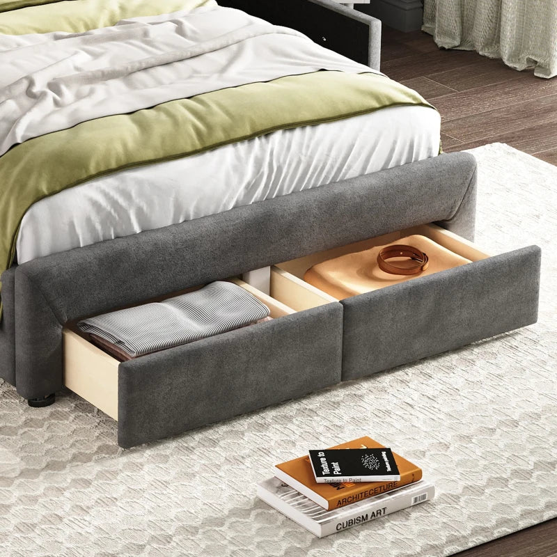 Grey Upholstered Storage Bed with 4 Drawers & Soft Backrest - Metal Frame, 204L x 156W x 106H cm
