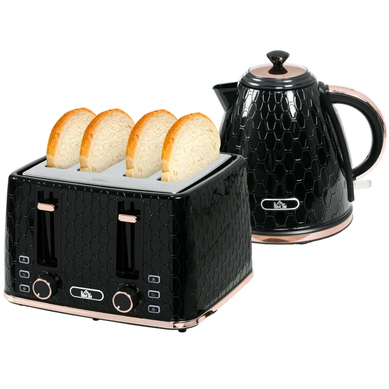 1.7L 3000W Fast Boil Kettle & 4 Slice Toaster Set - Black, 7 Browning Controls, Crumb Tray, Kitchen Essentials