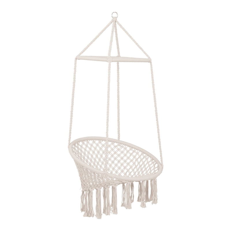 Beige Macrame Hanging Rope Chair with Tassels - Portable Garden Seat