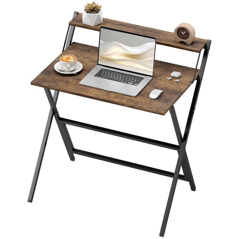81.5 cm Rustic Brown Folding Computer Desk with Monitor Shelf - Space-Saving Home Office Furniture