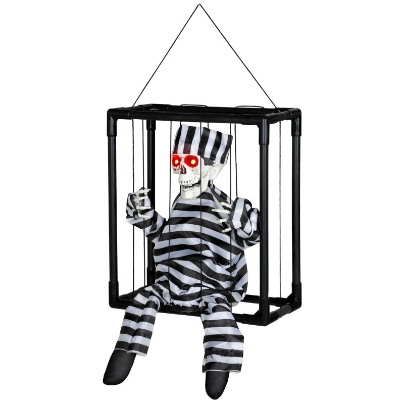 Halloween Animated Skeleton Prisoner in Cage with Glowing LED Eyes - Spooky Battery Operated Indoor Decorations for Parties