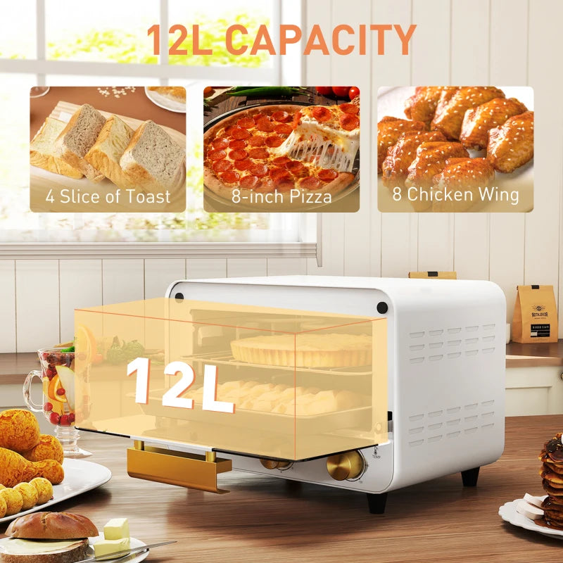 Compact 12L Toaster Oven - Multifunction Mini Countertop Oven with Glass Door, Adjustable Temperature & Timer, Stylish White Design