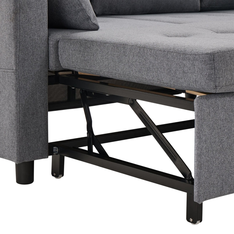 L-Shaped Linen Look Corner Sofa Bed with Storage, 3 Seater Pull-Out Settee, Grey, 212x141x87.5 cm