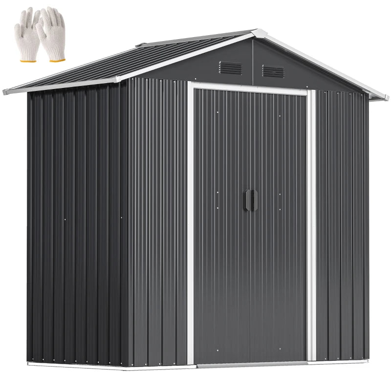 Dark Grey 6.5ft x 3.5ft Metal Garden Storage Shed With Double Sliding Doors and 4 Vents