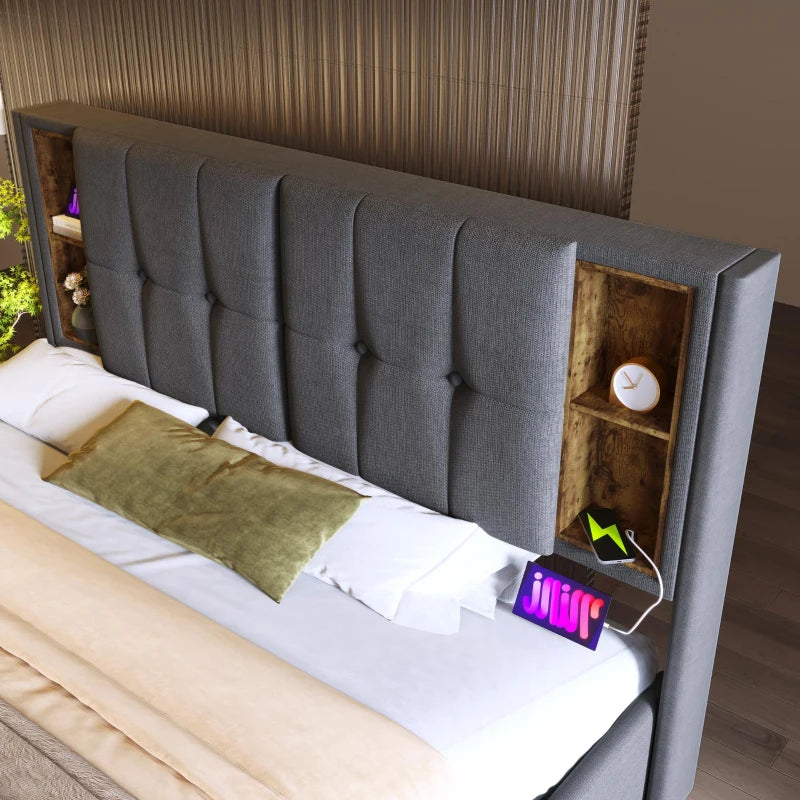Upholstered King Size Bed Frame with Wireless Charging & Hydraulic Storage - Grey Linen Fabric, 206L x 155W x 100.5H cm