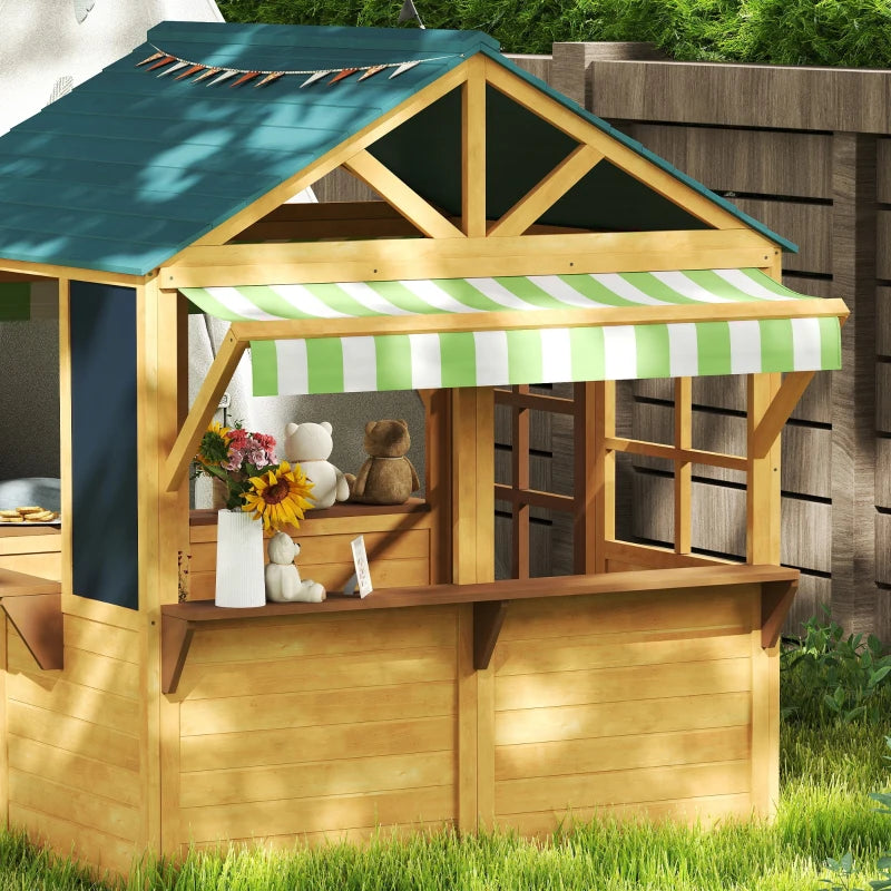 Wooden Playhouse for Kids with Foldable Design Windows Working Door and Service Stations