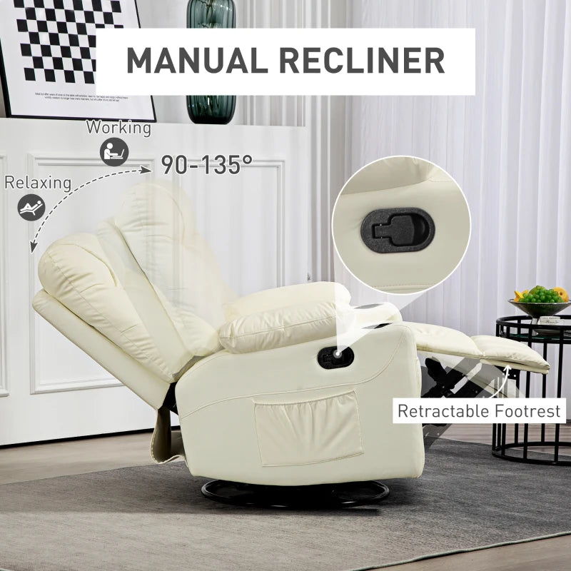 Manual Reclining Armchair with Swivel, Faux Leather, Footrest and Cup Holders - Cream, 86x93x102cm