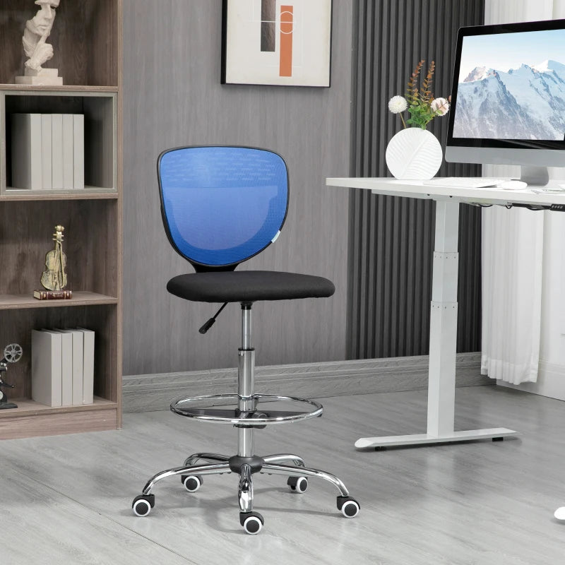 Vinsetto Dark Blue Drafting Chair - Swivel Mesh Office Chair with Adjustable Foot Ring, Armless Design for Standing Desks