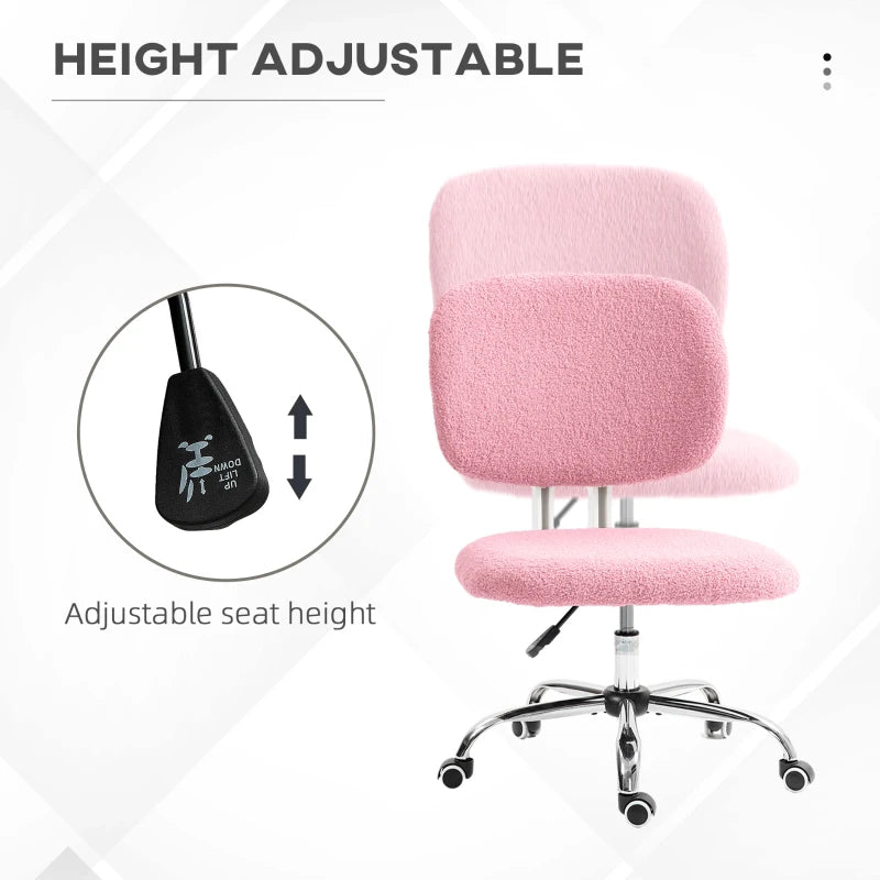 Vinsetto Pink Teddy Fleece Armless Office Chair - Cozy, Stylish, Ergonomic Design for Home & Office Use