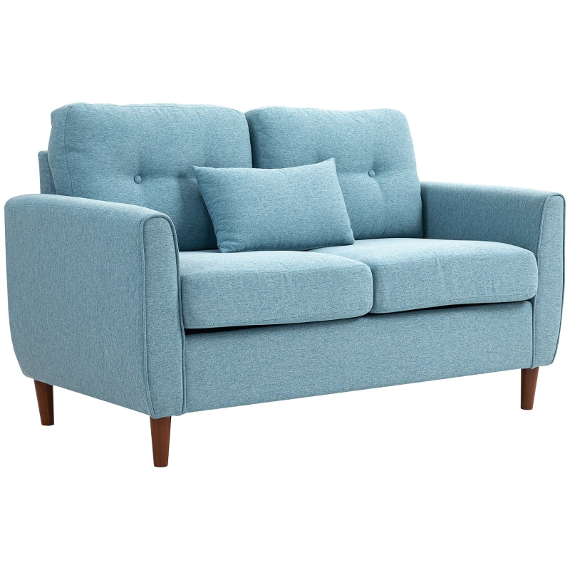 Modern 2 Seater Fabric Sofa with Spring Cushions and Wooden Legs, Tufted Love Seat for Living Room, Light Blue