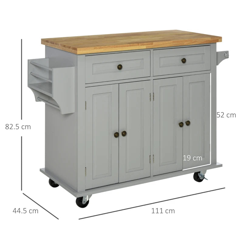 Rolling Kitchen Island Storage Trolley with Rubber Wood Top & Drawers - Stylish Grey Dining Room Cart