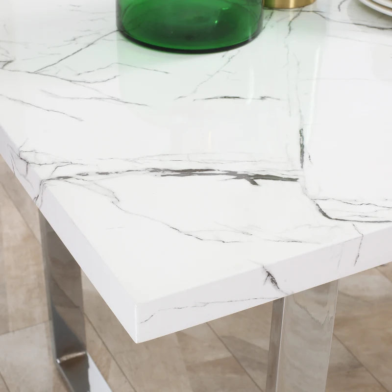 Modern Rectangular Dining Table for 6-8 People - 160 cm White Marble Effect Top with Steel Legs - Kitchen Furniture