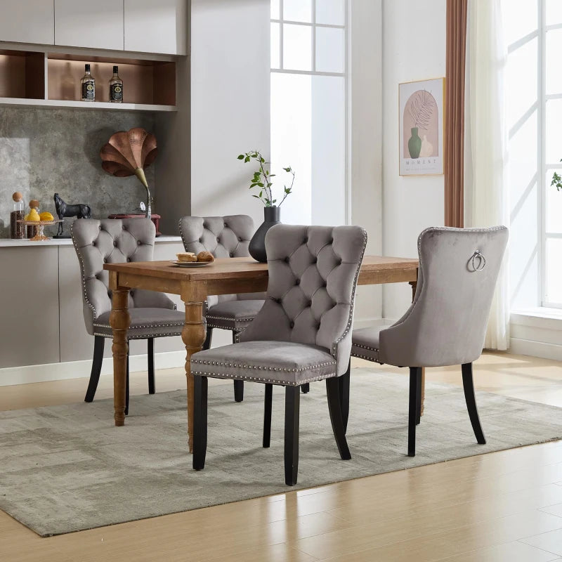 Set of 4 Grey Velvet Dining Chairs with Button Tufted Backrest, Wingback Design, Solid Rubber Wood Legs, Foot Pads