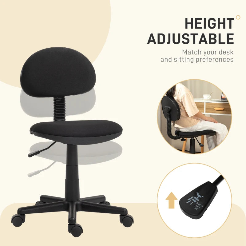 Ergonomic Small Armless Office Chair - Stylish Black Design for Home & Office Use - Compact & Comfortable Seating