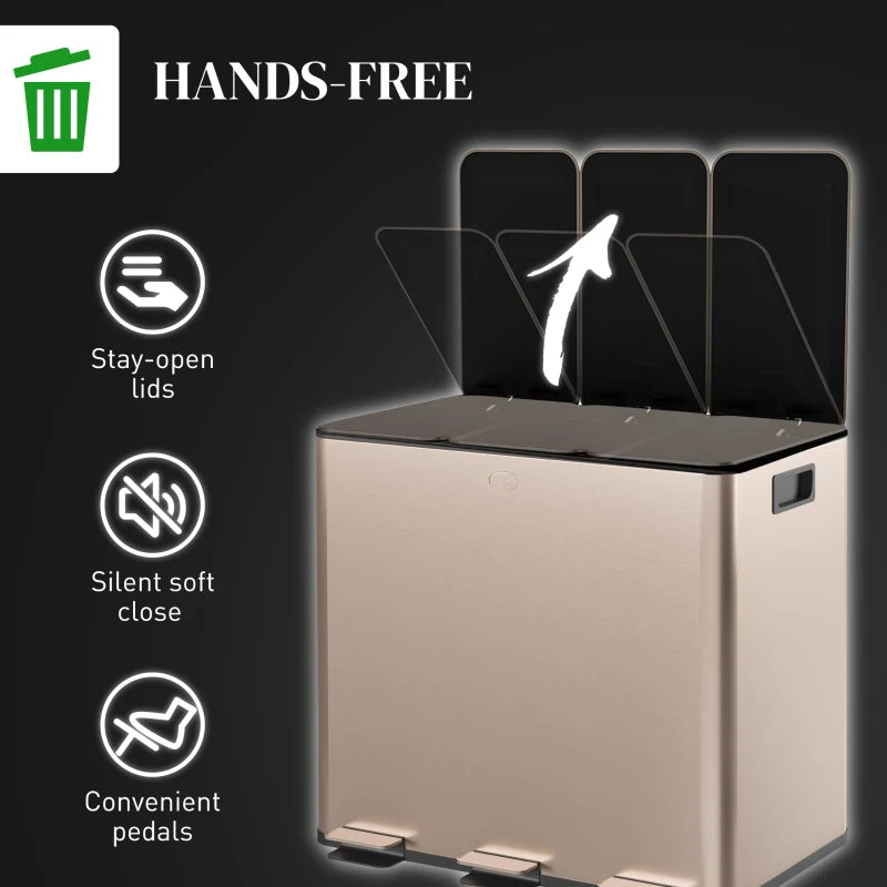 45L Triple Compartment Stainless Steel Bin with Deodoriser Holders - Elegant Gold Tone Waste Management Solution