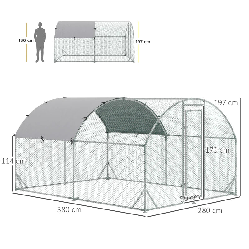 Galvanised Walk-In Chicken Run & Coop - 2.8x3.8m Poultry House with Water-Resistant Cover for Garden