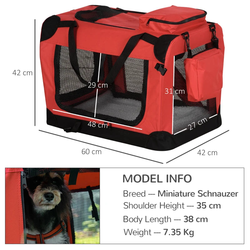 Foldable Pet Carrier for Small Dogs & Cats - Portable Soft-Sided Travel Crate with Removable Mat & Mesh Window - Red 60x42x42cm
