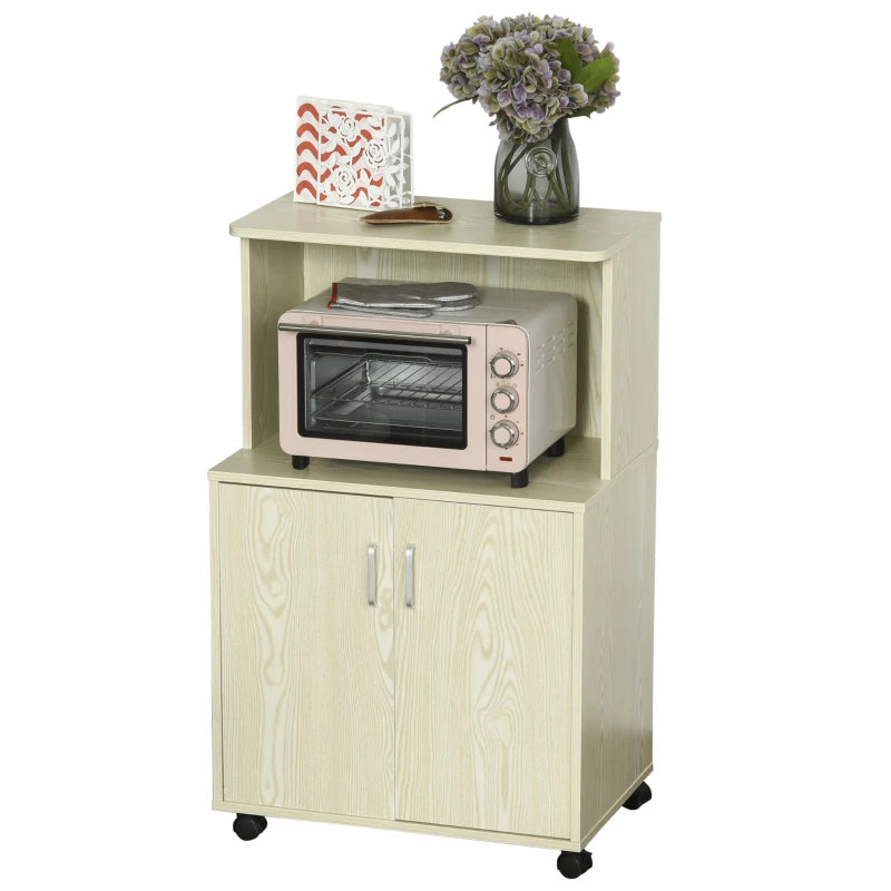 Modern Oak Kitchen Storage Unit - Microwave Stand Trolley Cart with Locking Wheels & Shelf for Living Room/Dining Room