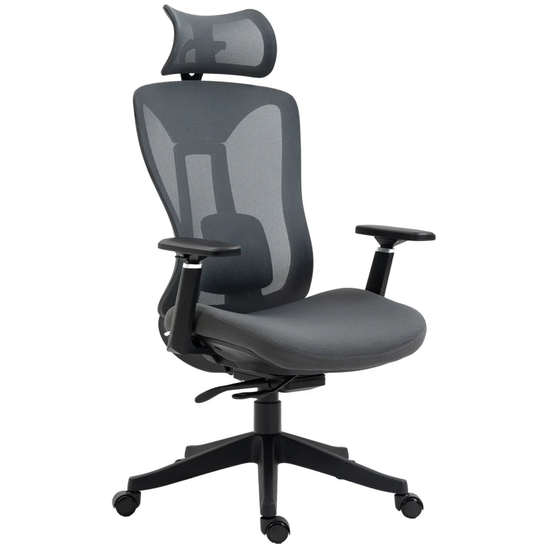 Vinsetto Ergonomic Mesh Office Chair with Adjustable Headrest, Lumbar Support, 135° Recline & 3D Armrests - Grey