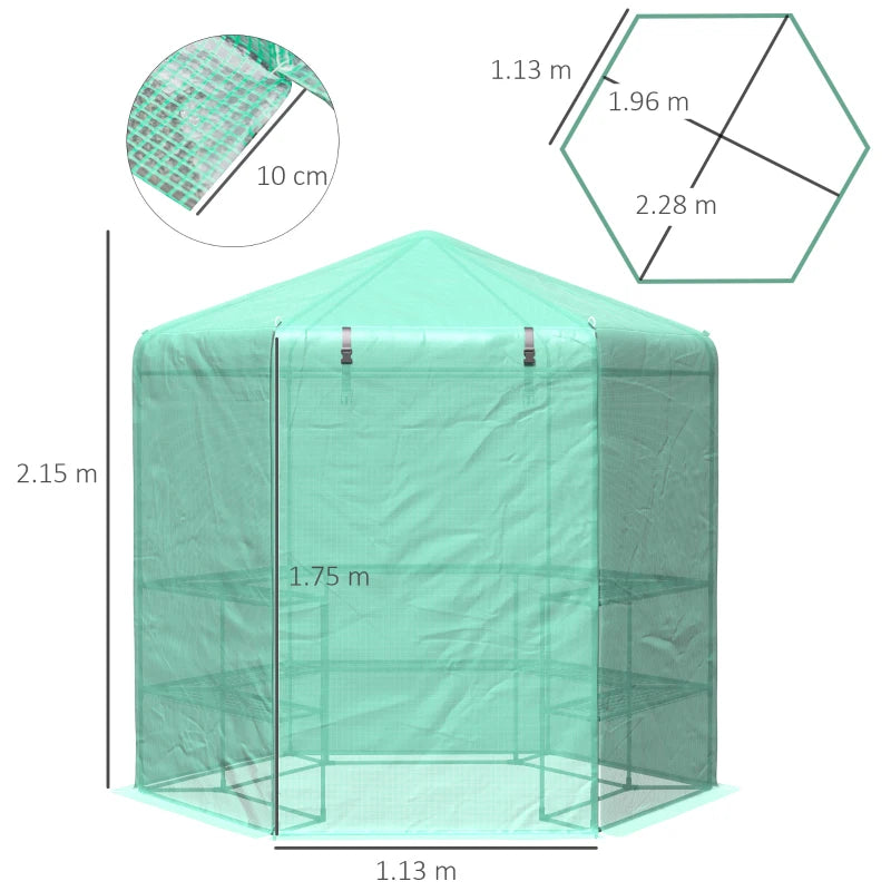 Hexagon Outdoor Greenhouse with Shelves, Waterproof Cover, Green