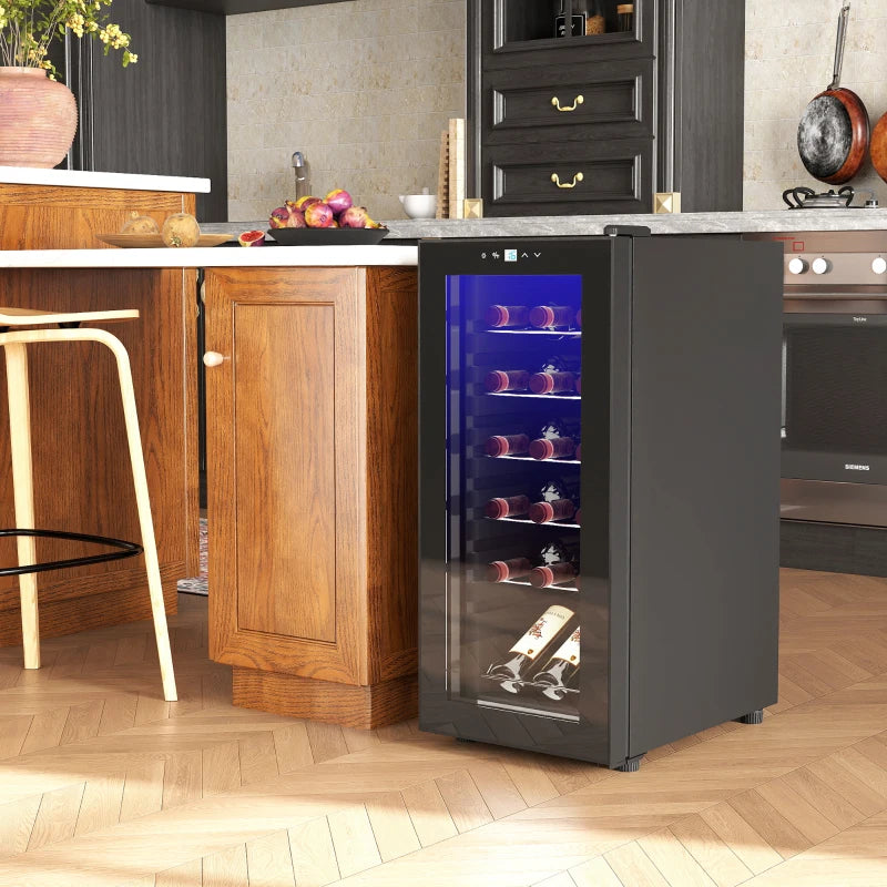 18-Bottle Black Wine Fridge with LED Lights - Compact Narrow Design for Optimal Wine Storage