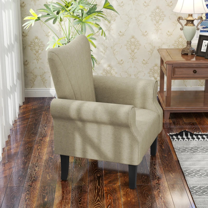 Beige Upholstered Accent Chair with Rolled Arms and Wooden Legs for Living Room or Bedroom