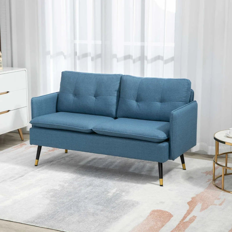 Modern Button Tufted Two Seater Sofa with Cushions and Steel Legs for Living Room, Dark Blue